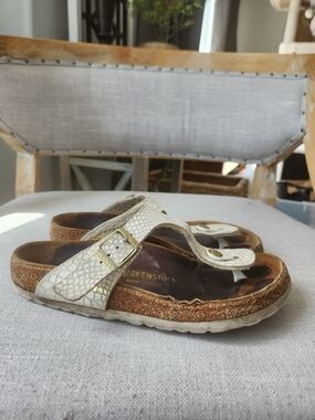 Birkenstock Cream Snake-Print Gizeh Slide Sandals Cork Sole